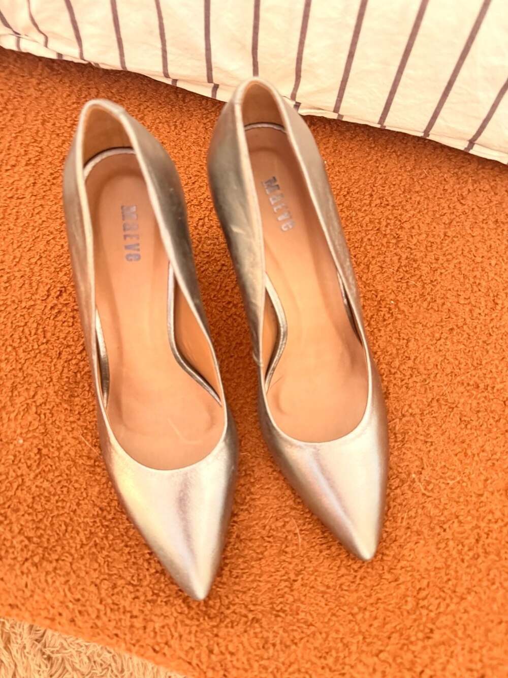 Maeve Silver Metallic Pointed Toe Block Heel Pumps
